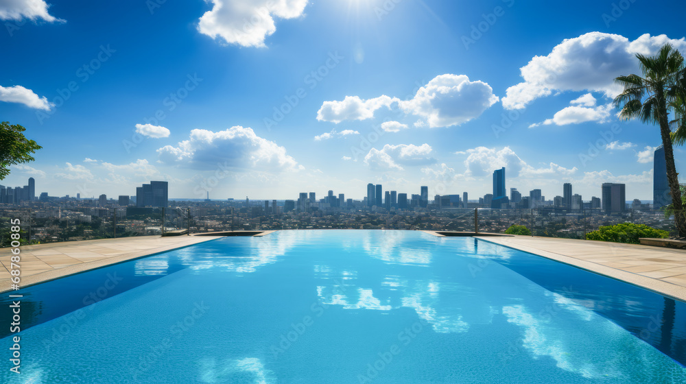 Infinity pool with a breathtaking view of the urban skyline under a clear sky. Generative AI