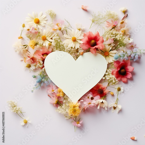 Heart-shaped paper card with natural spring wildflowers