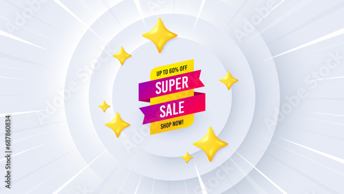 Super sale banner. Neumorphic offer 3d banner, coupon. Discount sticker shape. Coupon tag icon. Super sale promo event background. Sunburst banner, flyer or poster. Vector