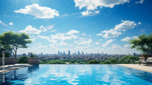 Skyline reflected in the serene waters of a rooftop infinity pool. Luxury travel concept. Generative AI © ImageFlow