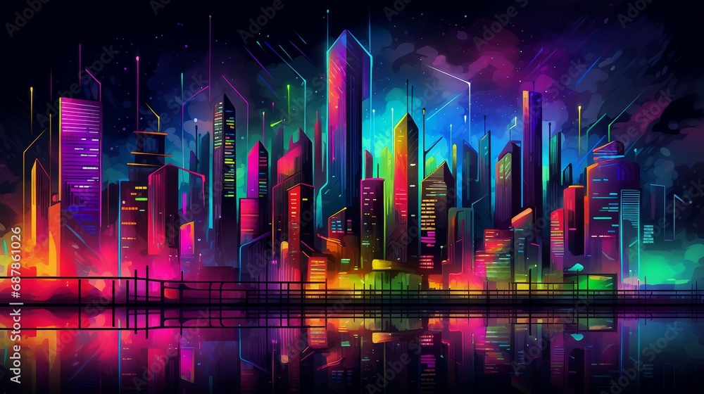 Abstract Neon Cityscape Party, New Year, Generative Ai