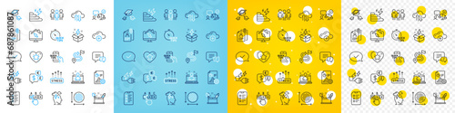 Vector icons set of Creativity concept, Approved message and Comment line icons pack for web with Checklist, Stress, Cloud computing outline icon. Consumption growth, Work home. Vector
