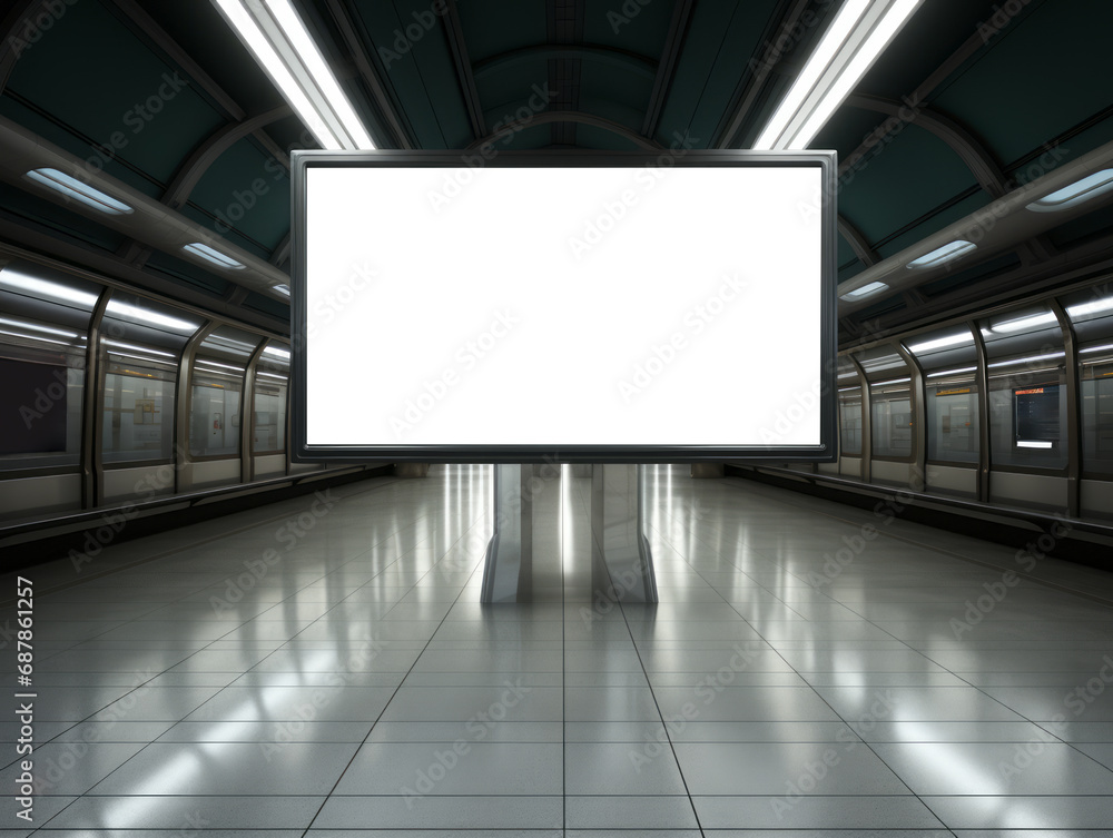 Empty billboard inside a brightly lit metro station corridor. Public transportation advertising concept. Generative AI Empty billboard inside a brightly lit metro station corridor. Public transportation advertising concept. Generative AI