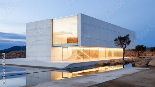 Contemporary white building with illuminated interior and reflection on water. Modern architecture concept Generative AI