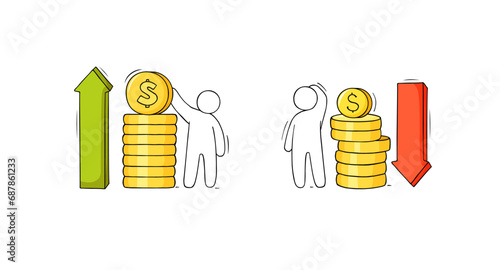 Money icons, coins stacks with up and down arrows
