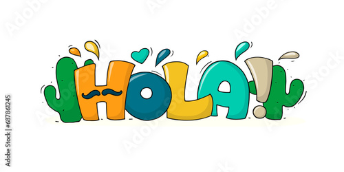 Spanish word hello with happy little people.