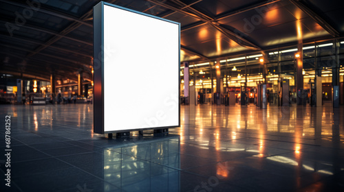 Illuminated advertising display in a busy airport terminal, communication tool. Transport concept. Generative AI photo