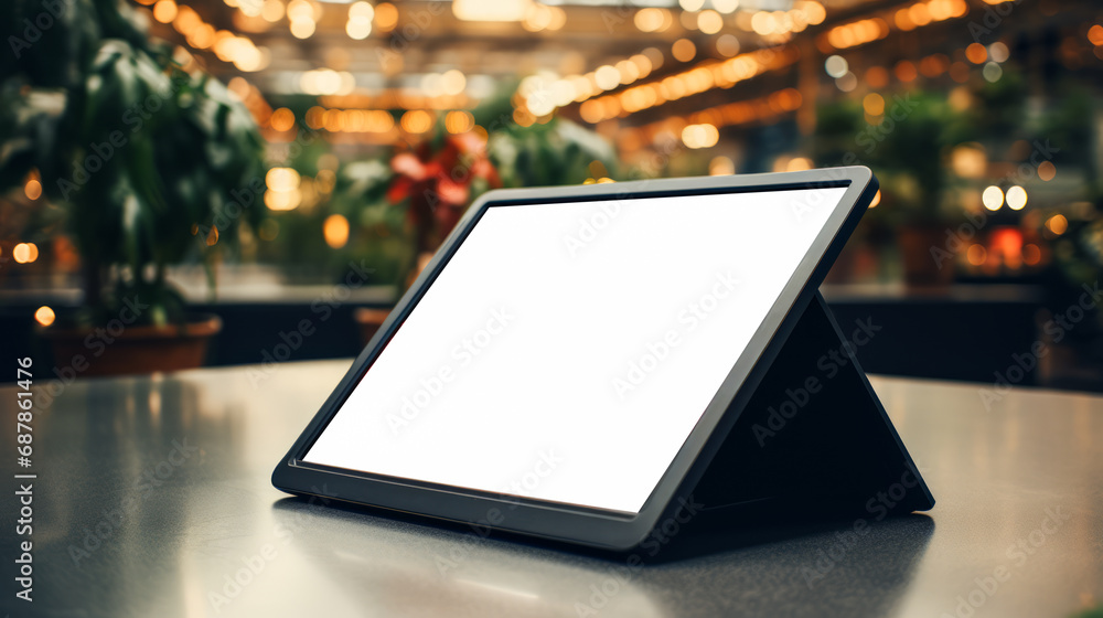 Tablet-style menu board on restaurant table with festive lights. Food service technology concept. Generative AI Tablet-style menu board on restaurant table with festive lights. Food service technology concept. Generative AI