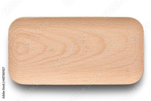 Empty beech wood tray. Wooden plate background. photo