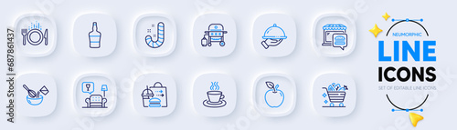 Cooking whisk, Apple and Candy line icons for web app. Pack of Food delivery, Scotch bottle, Restaurant food pictogram icons. Gas grill, Lounge, Vegetables cart signs. Tea cup. Cutlery, Fruit. Vector