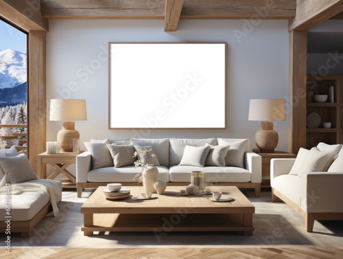 Chic living room interior with natural wood elements and alpine vista. Modern mountain interior mockup. Generative AI © ImageFlow