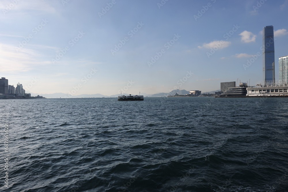 Hong Kong-November 16, 2023- The start ferry is Tsim Sha Tsui to Wan Chai Ferry and Central ferry terminal pier is a favourite way to cross from Kowloon side to Hong Kong. Best view of the city.  