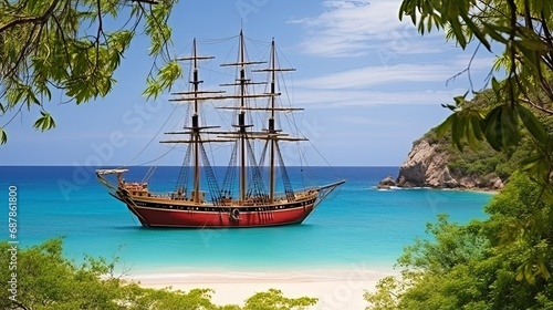 Pirate ship drifts on azure sea during calm arriving to coast. Pirate ship sails from desert island with bright trees in summer sunny weather with calm. Pirate ship with lowered sails on sea