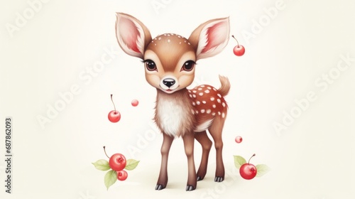 A baby deer standing next to cherries and cherries