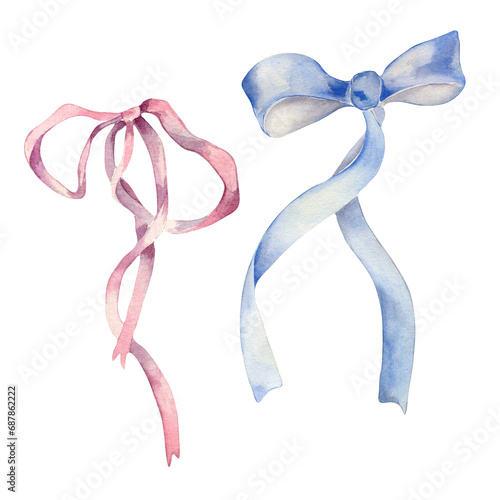 Watercolor set of pink and blue bow illustration isolated on white background. Vintage ribbon hand drawn. Painted satin gift bow with ribbon. Elements for design floral compositions, Easter card