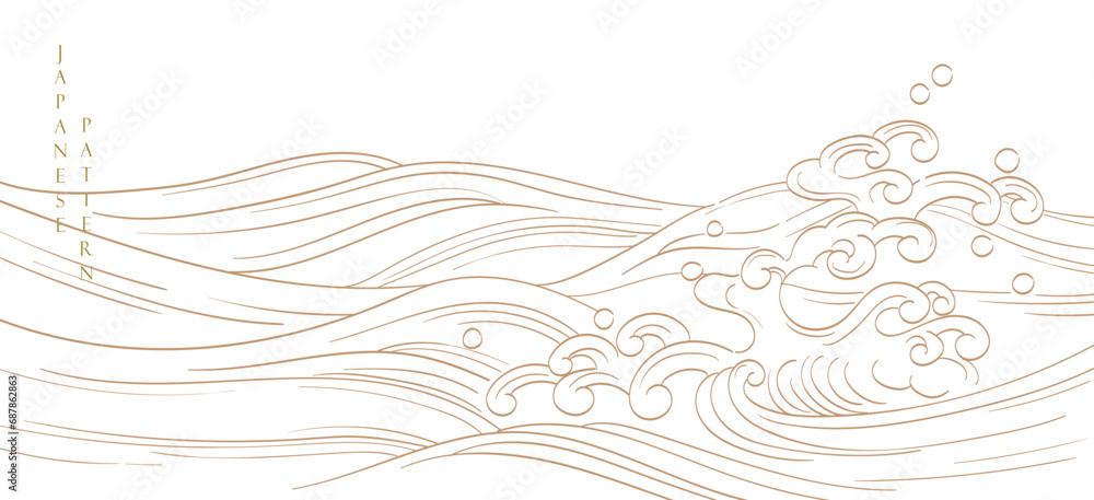 Japanese background with hand drawn wave elements vector. Gold line pattern with ocean object in vintage style.	