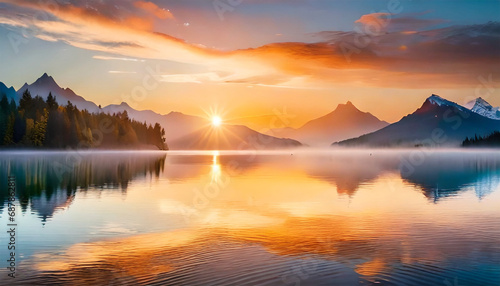 Picturesque sunset over a calm lake  with colorful reflections on the water