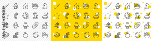 Outline Teacup, Peanut and Food delivery line icons pack for web with Seafood, Salad, Water drop line icon. Hamburger, Hotdog, Water glass pictogram icon. Dish, Doppio, Grill. Vector