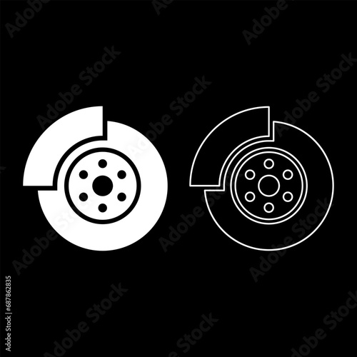Car brake disk part gear system set icon white color vector illustration image solid fill outline contour line thin flat style