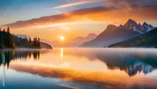 Picturesque sunset over a calm lake, with colorful reflections on the water