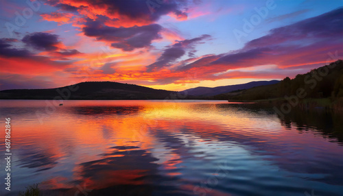Picturesque sunset over a calm lake, with colorful reflections on the water © Tatiana