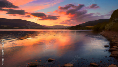 Picturesque sunset over a calm lake  with colorful reflections on the water