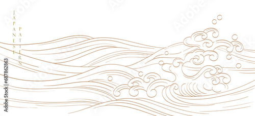 Japanese background with hand drawn wave elements vector. Gold line pattern with ocean object in vintage style. 