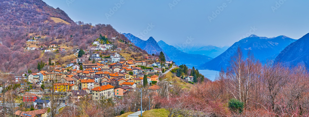 Fototapeta premium The village of Bre panorama, Monte Bre, Switzerland
