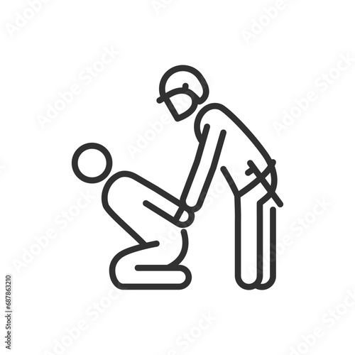 Policeman apprehends a criminal, linear icon. Line with editable stroke