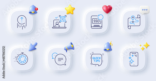 Text message, Map and Quick tips line icons. Buttons with 3d bell, chat speech, cursor. Pack of Seo timer, Recovery ssd, Smartphone clean icon. Swipe up, Qr code pictogram. Vector