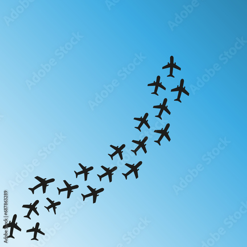 Illustration depicting a blue sky and many black planes drawn with a brush