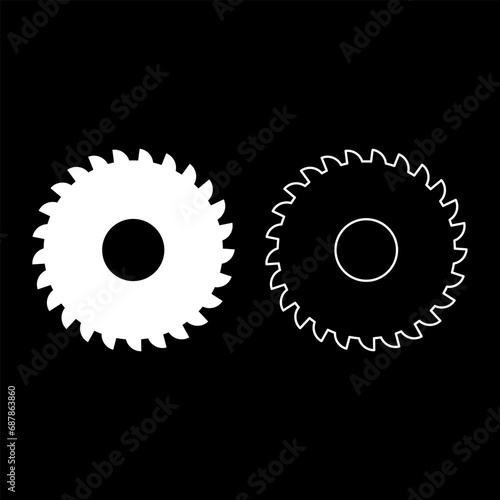 Round knife millstone circular saw disc set icon white color vector illustration image solid fill outline contour line thin flat style