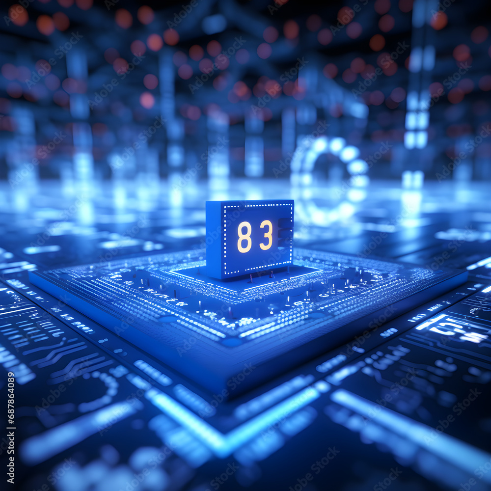 Data analysis from microchip, numeral, blue neon. Data analysis from microchip, numeral, blue neon.