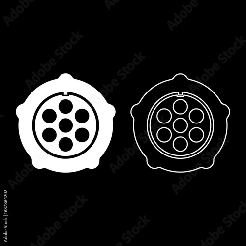 Grate for meat grinder plate mincer device for growing shallow of meat lattice with nut screw female screw pawl stop latch holder set icon white color vector illustration image solid fill outline 