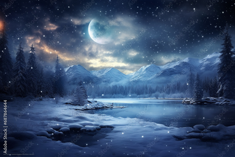 Mystical Frost: Nighttime Beauty in a Snowcovered Winter Wonderland