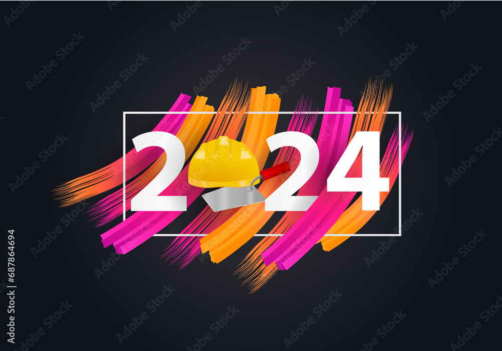 happy new year 2024. 2024b with helmet of the builder and trowel