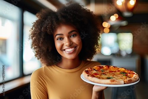 black cute woman with pizza