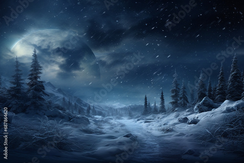 Nocturnal Magic: Fantastic Winter Landscape Blanketed in Snow Under the Night Sky