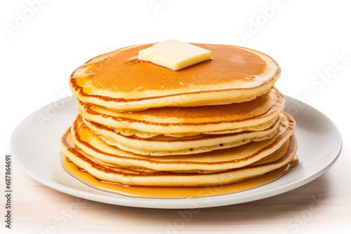 stack of pancakes with butter on white background