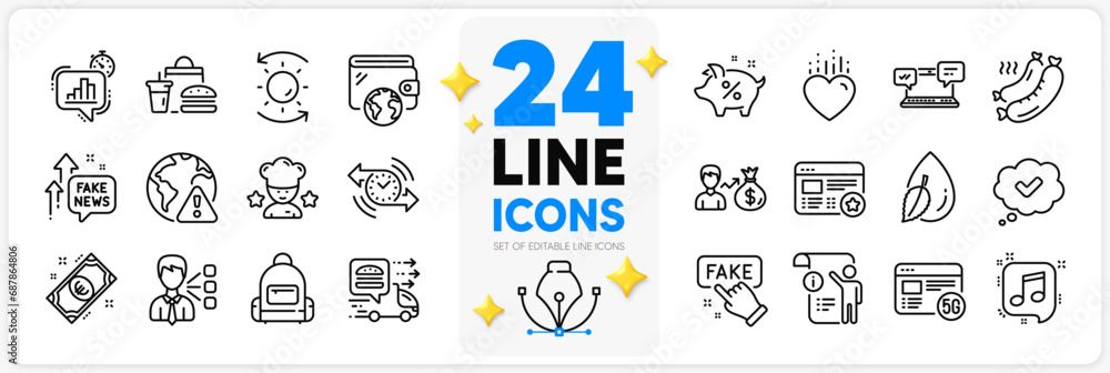 Icons set of Heart, Food delivery and Internet warning line icons pack for app with Manual doc, Fast food, Best chef thin outline icon. Sun protection, 5g internet, Grilled sausage pictogram. Vector