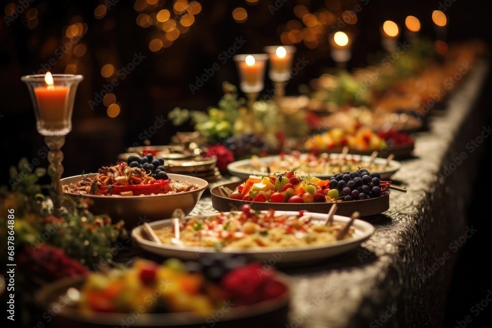 Fototapeta premium Catering buffet food on a long table in a hotel restaurant