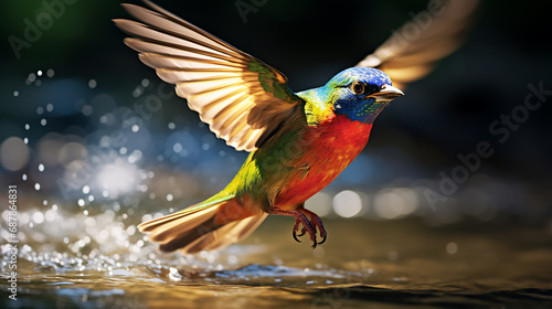 Aerial Elegance: Painted Bunting's Flight Over River, a Generative AI Ballet