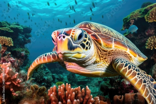 Sea turtle among corals on a reef  Indonesia.