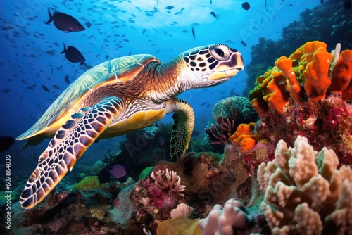 Sea turtle among corals on a reef, Indonesia.