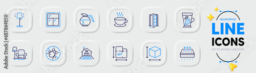 Window, Floor plan and Coffeepot line icons for web app. Pack of Bed bugs, Open door, Armchair pictogram icons. Box size, Breathable mattress, Mint leaves signs. Terrace, Cappuccino. Vector