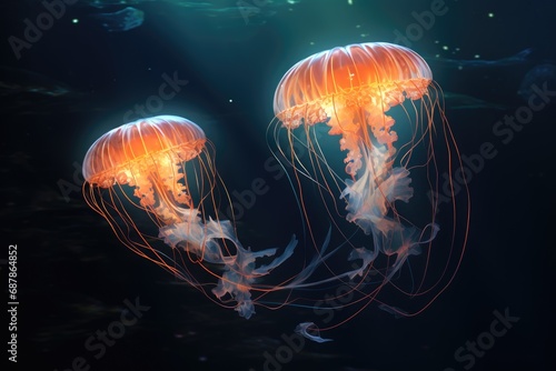 A pair of glowing jellyfish move gracefully through the water.