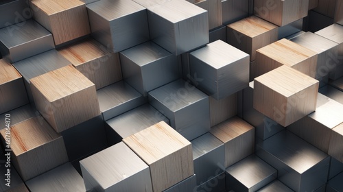 Abstract block stack wooden 3d cubes, black wood texture for backdrop © Lubos Chlubny