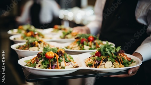 Waiter carrying a plate of food on some festive event, party or wedding reception