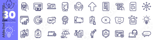 Award app, Inspect and Security lock line icons pack. Energy, Attention, Safe time web icon. Credit card, Comments, Wallet pictogram. 24h service, Coffee vending, Upload. Computer. Vector