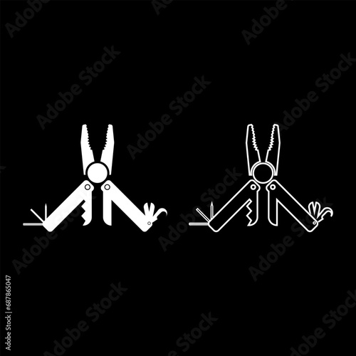 Multitool multifunctional instrument with pliers saw knife razor hexahedron opener awl utility multipurpose tool camping kit pocket set icon white color vector illustration image solid fill outline 